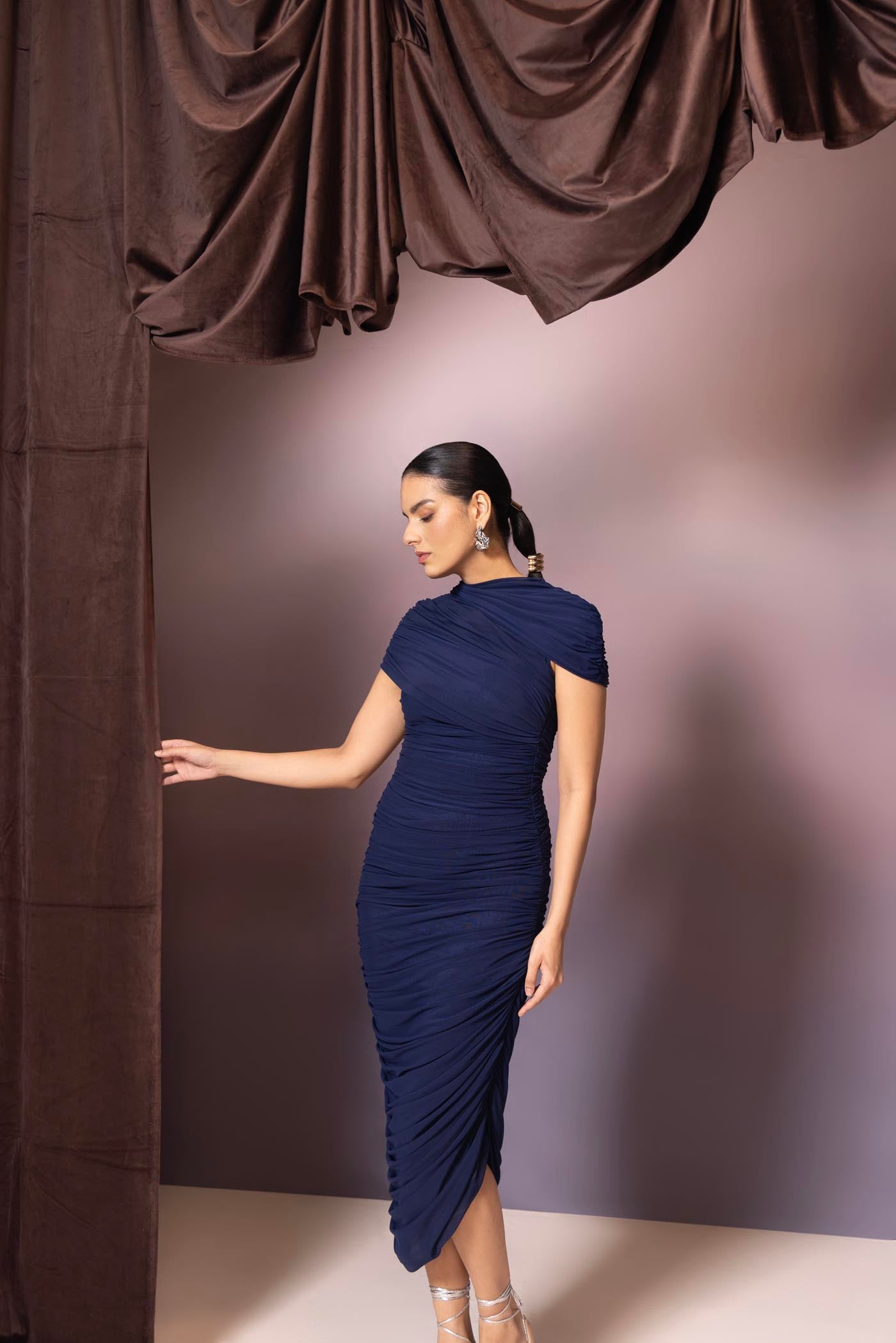 Elara Midnight Blue Draped Dress