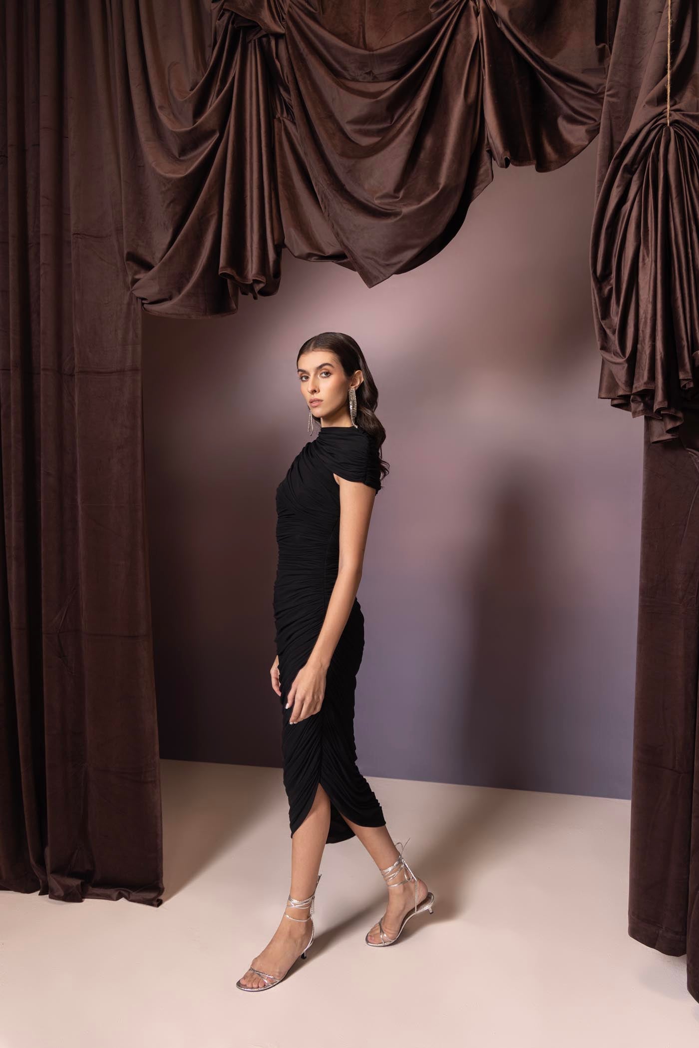 Elara Black Draped Dress