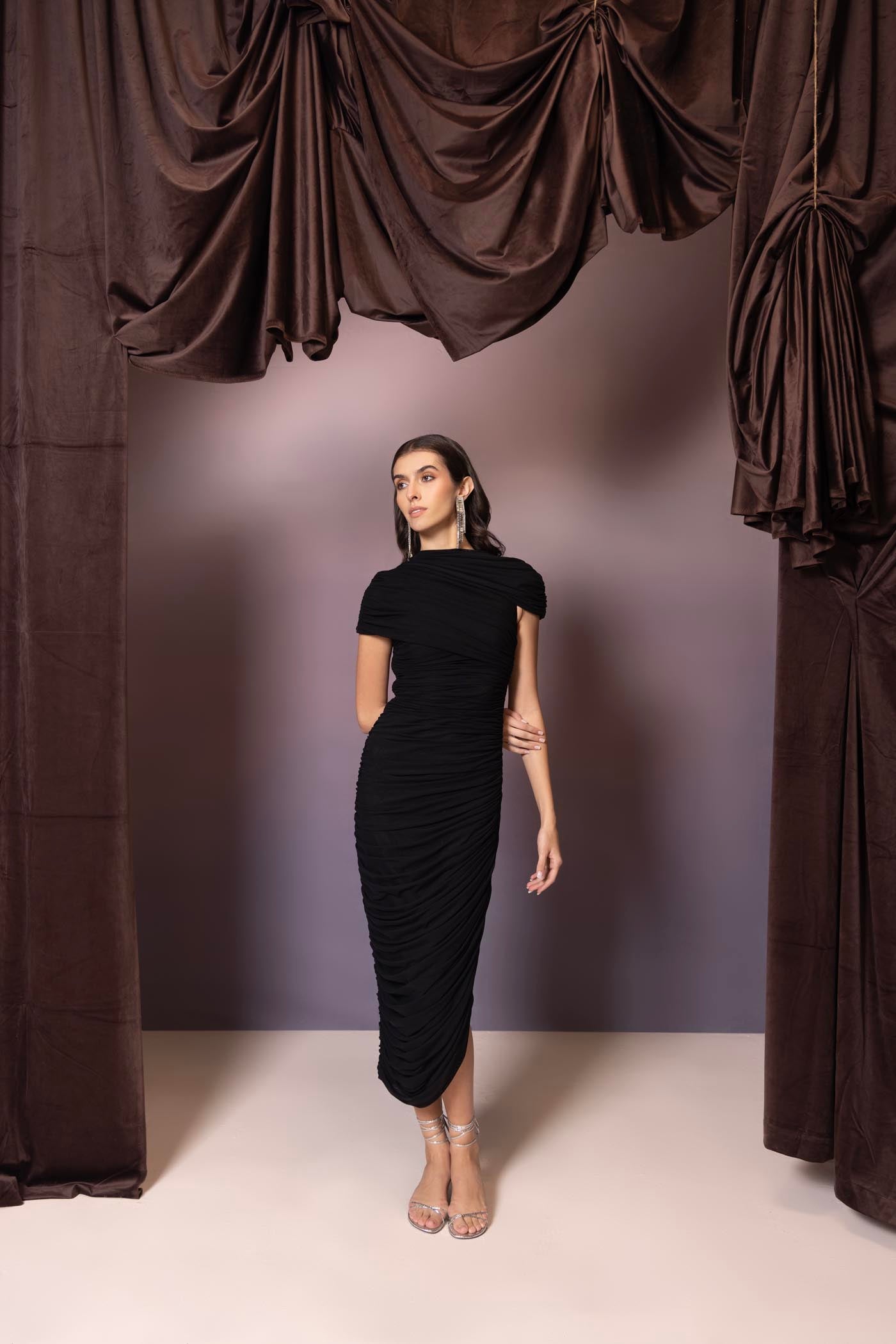 Elara Black Draped Dress