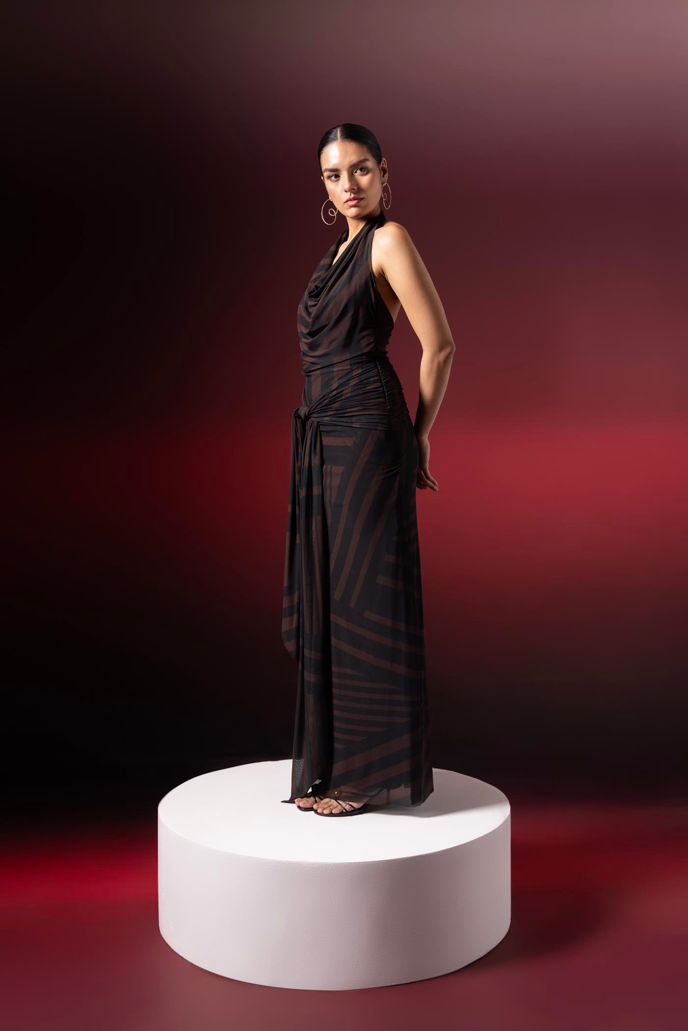 Sarah Sequeira In Eclipse Stripe Halter Dress
