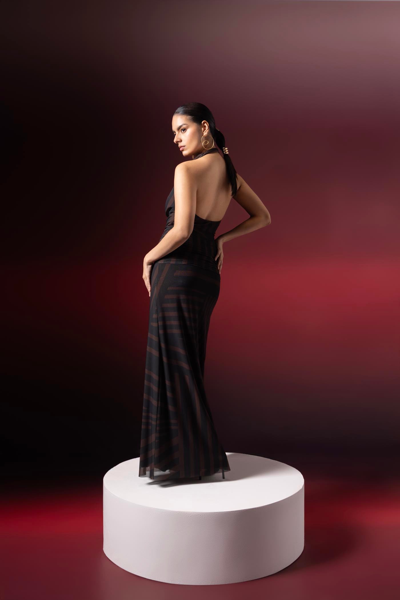 Sarah Sequeira In Eclipse Stripe Halter Dress