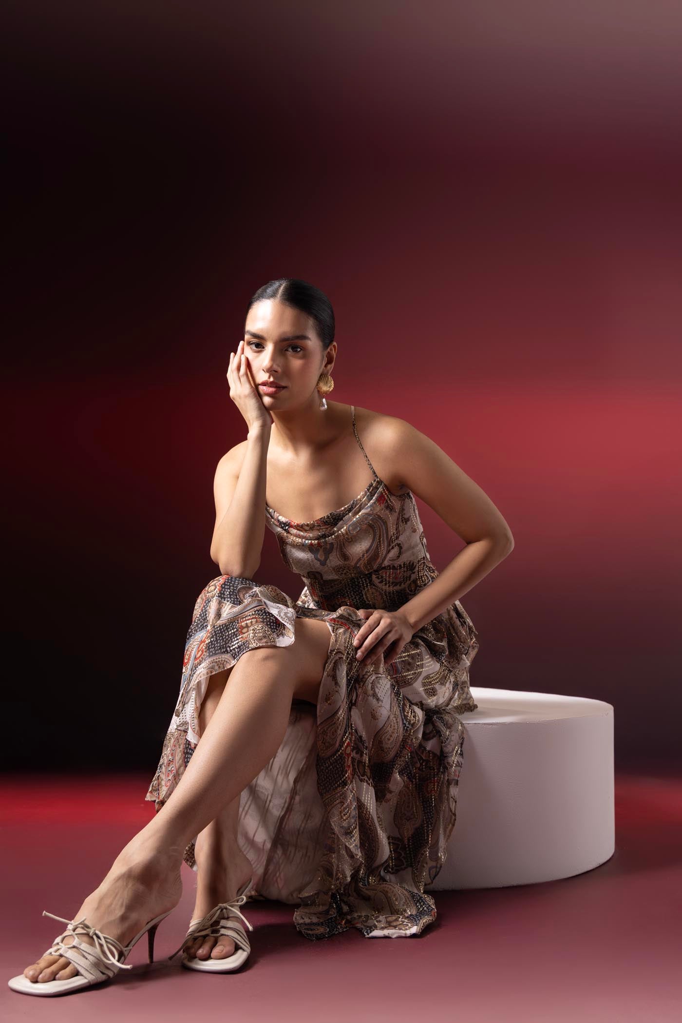 Verona Paisley Cowl Ruffle Dress