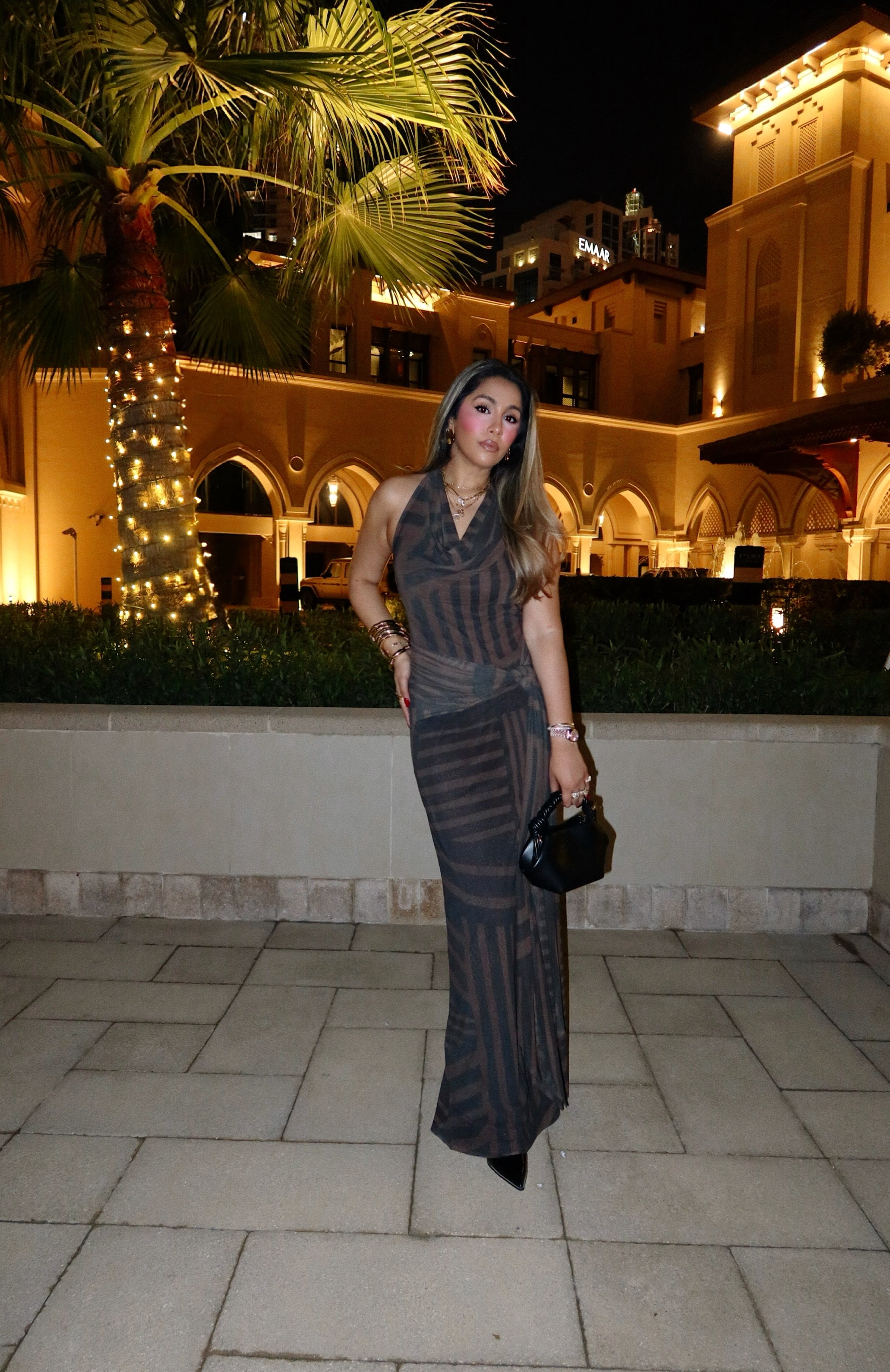Sarah Sequeira In Eclipse Stripe Halter Dress