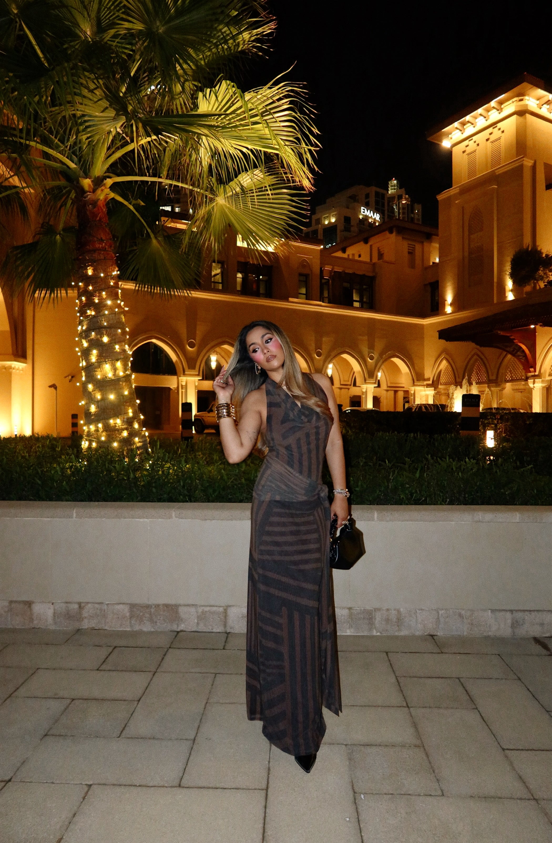 Sarah Sequeira In Eclipse Stripe Halter Dress