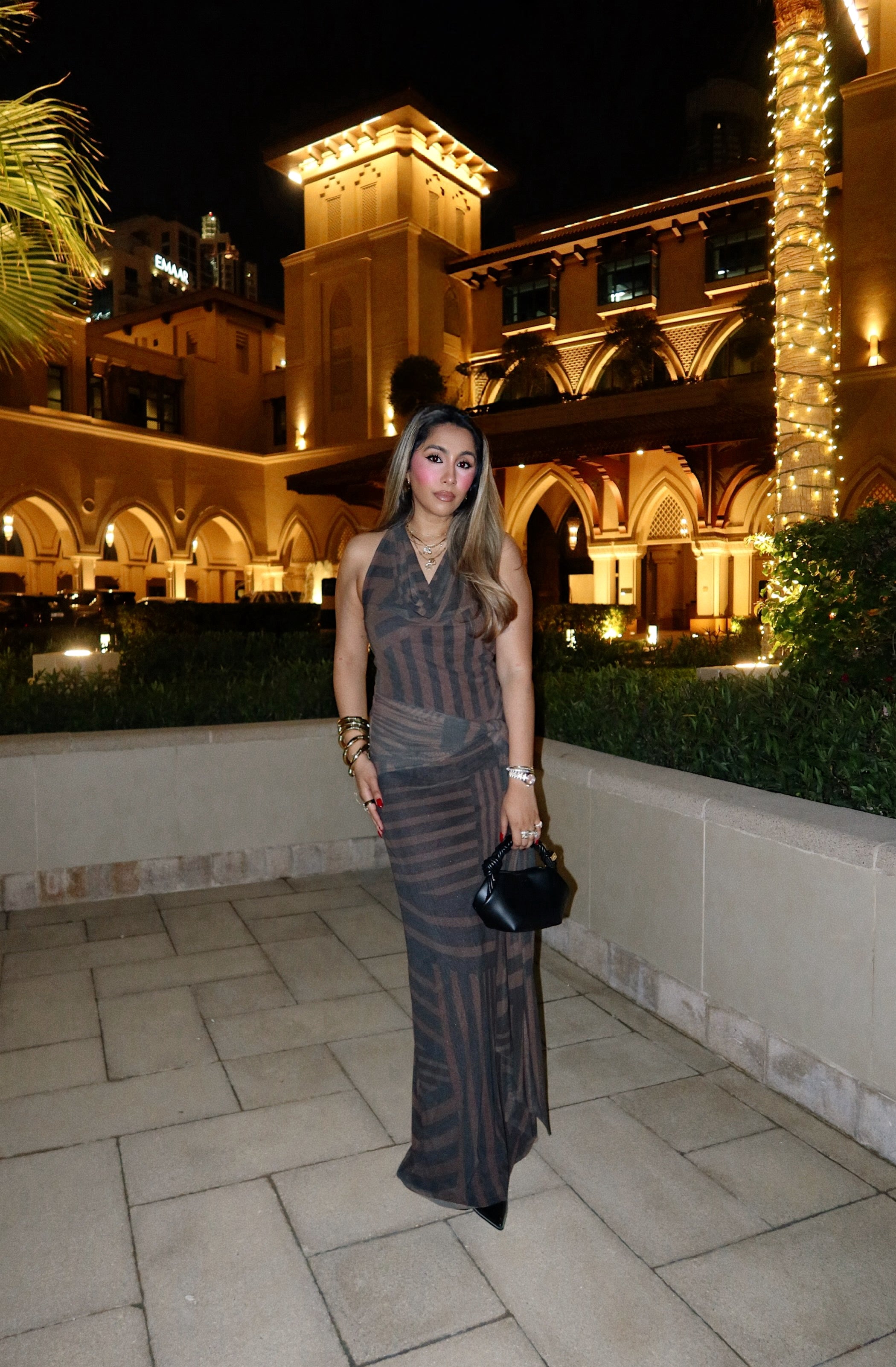 Sarah Sequeira In Eclipse Stripe Halter Dress