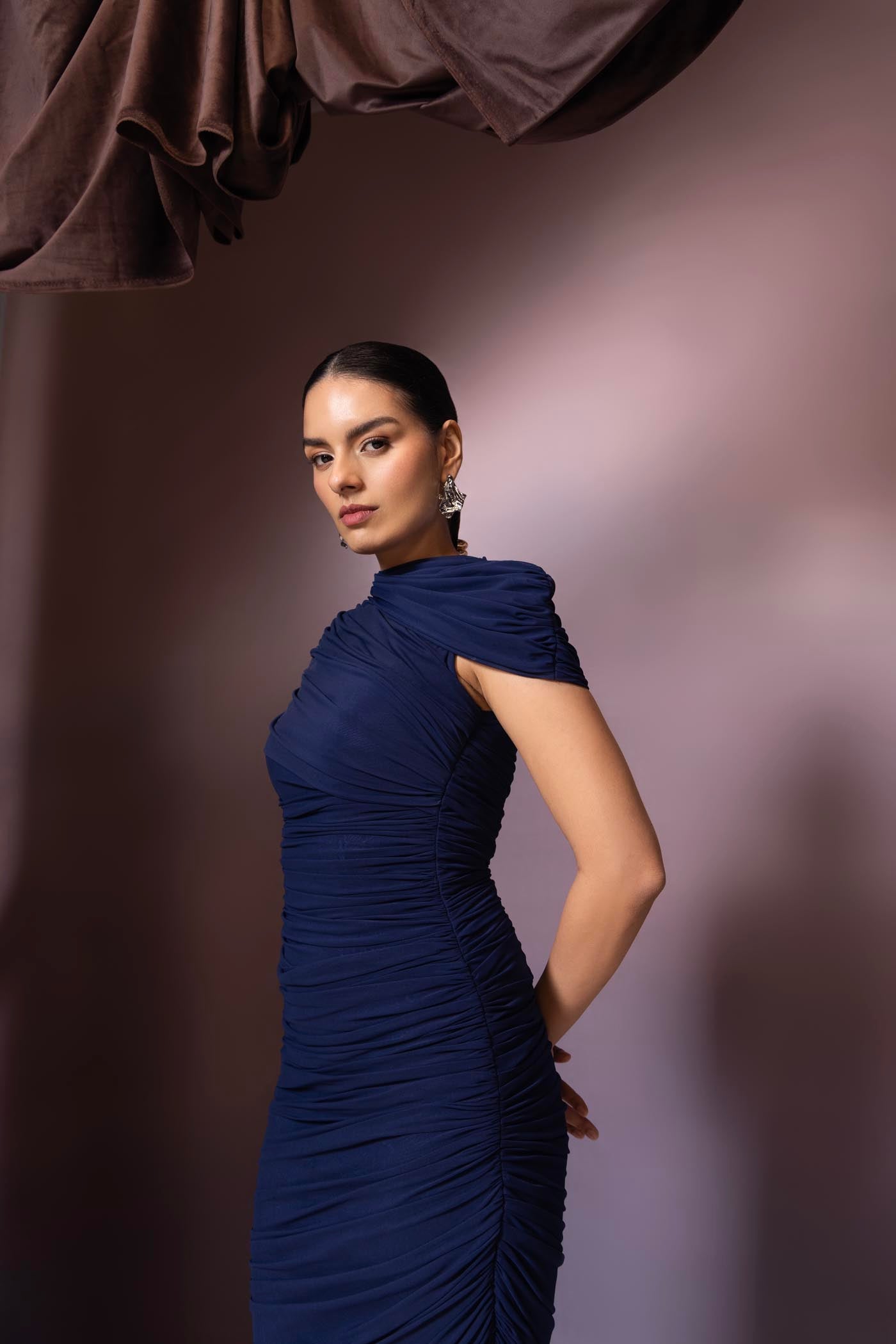 Elara Midnight Blue Draped Dress