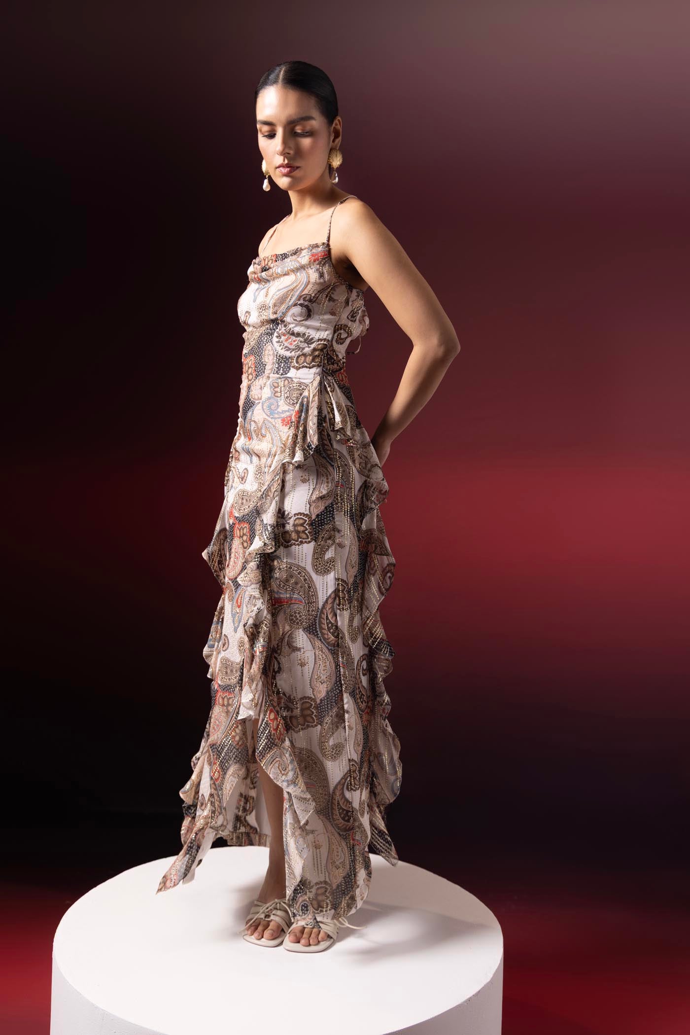 Verona Paisley Cowl Ruffle Dress