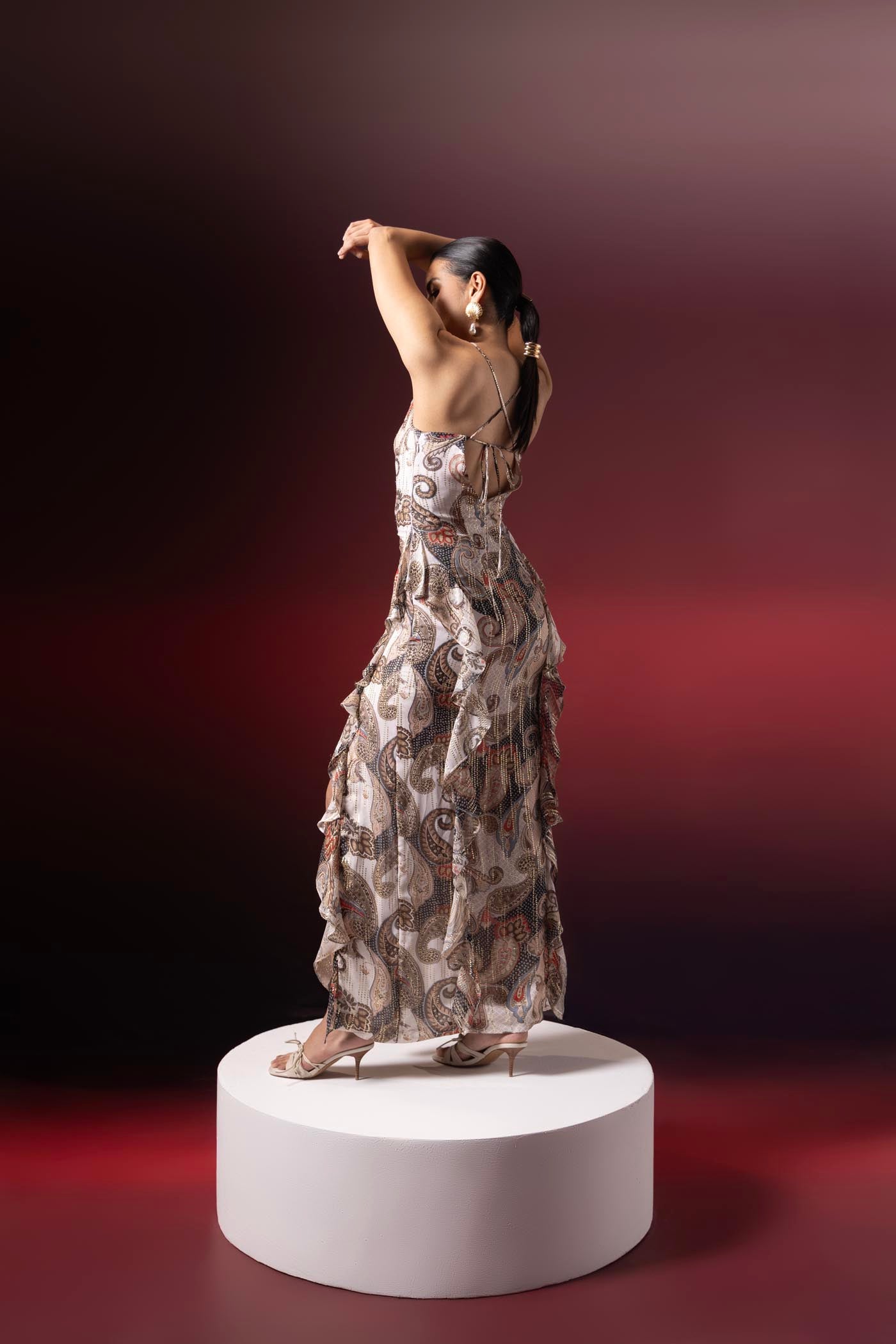 Verona Paisley Cowl Ruffle Dress