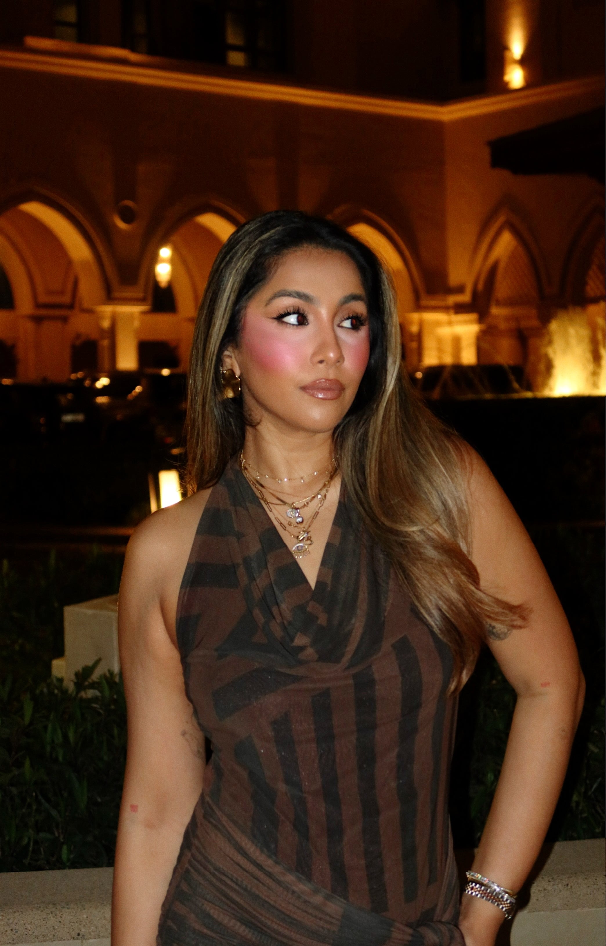 Sarah Sequeira In Eclipse Stripe Halter Dress