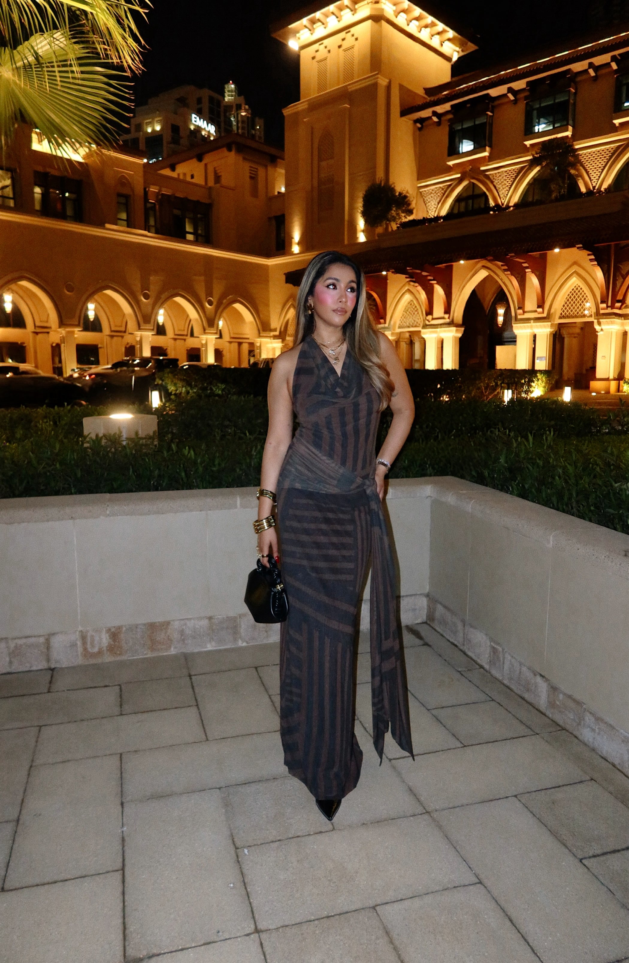 Sarah Sequeira In Eclipse Stripe Halter Dress